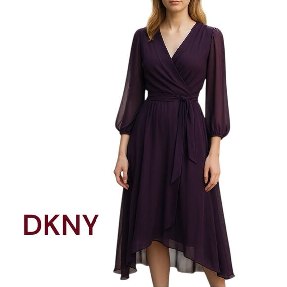 DKNY Sheer Eggplant Purple Wrap Quiet Luxury Feminine Midi Dress NWOT Size 10 - Picture 1 of 14